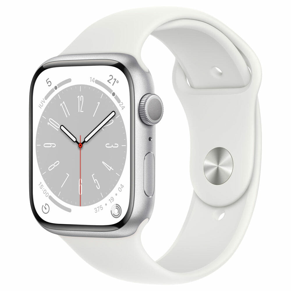 Apple Watch Series 8/ GPS/ 45mm/ Caja de Aluminio Plata/ Correa Deportiva Blanca